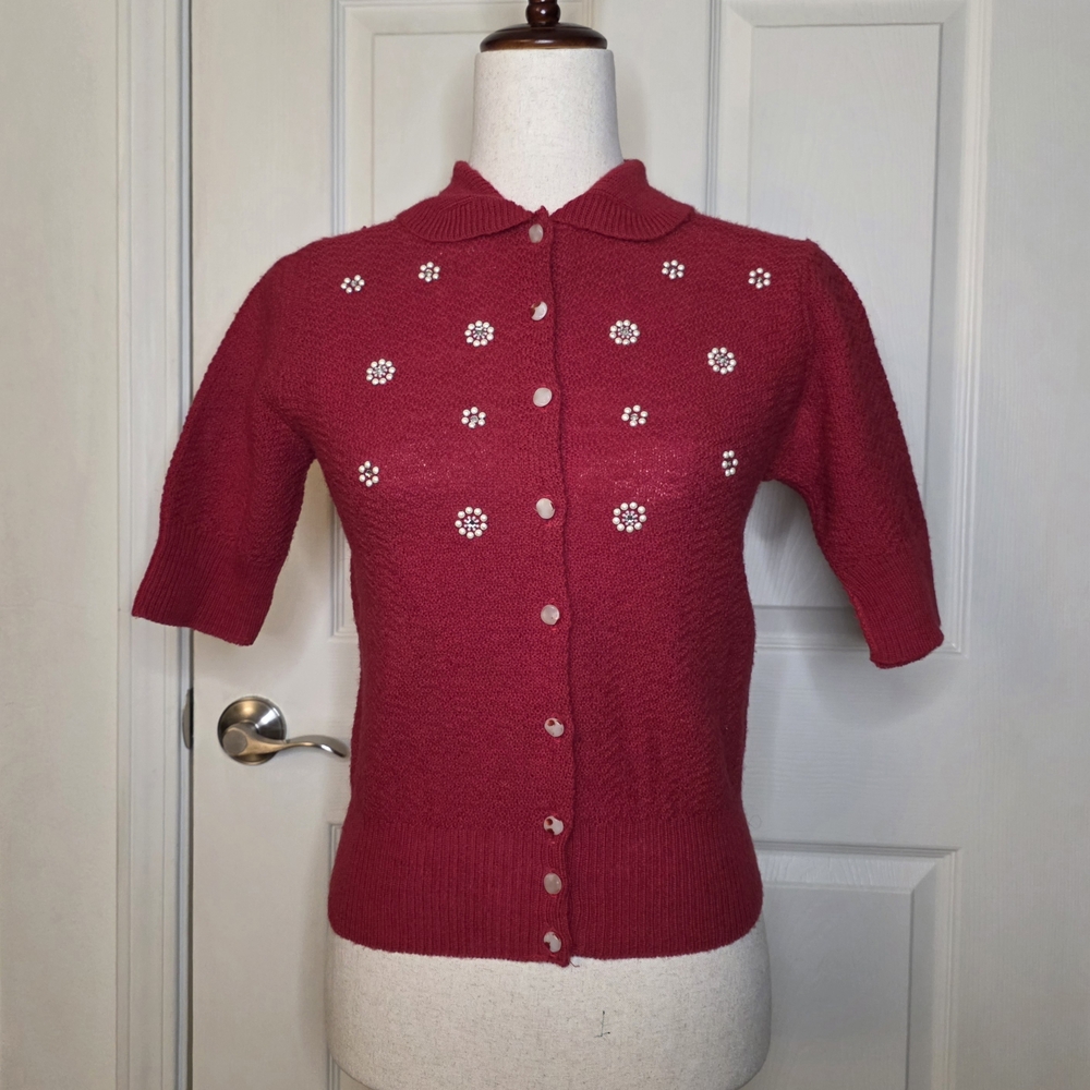 Vintage 50s 60s Toby Berman Red Virgin Wool Embellished Knit Cardigan